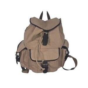 VTG Y2K GAP Backpack Bag Medium Beige Canvas Leather Buckle Flap Drawstring Boho